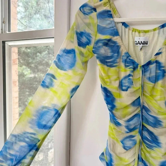 New Ganni Floral Mesh Scoop Neck Long Sleeve Top Shirt Green Blue - Picture 7 of 13
